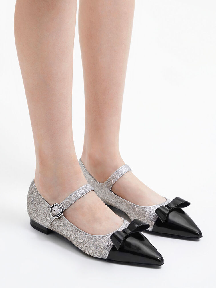 Leather Glittered Bow Mary Jane Flats, Silver, hi-res