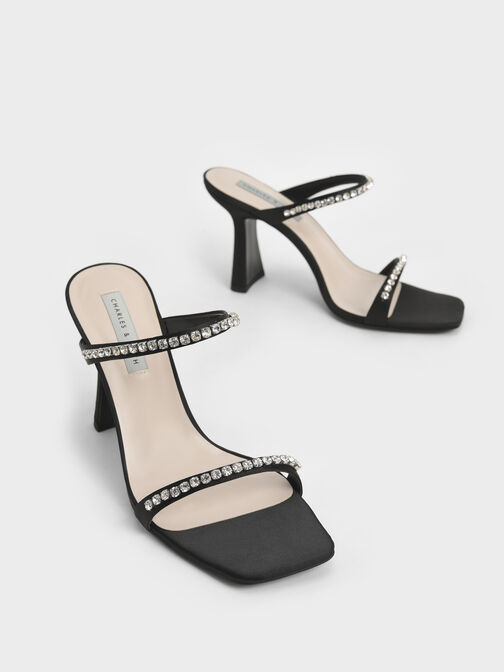 Satin Gem-Encrusted Heeled Sandals, Black, hi-res