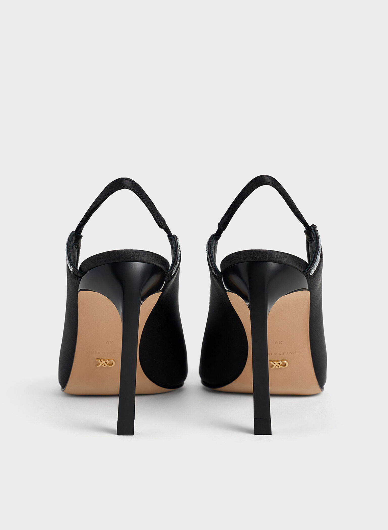 Recycled Polyester Crystal-Embellished Pointed-Toe Slingback Pumps, Black Textured, hi-res