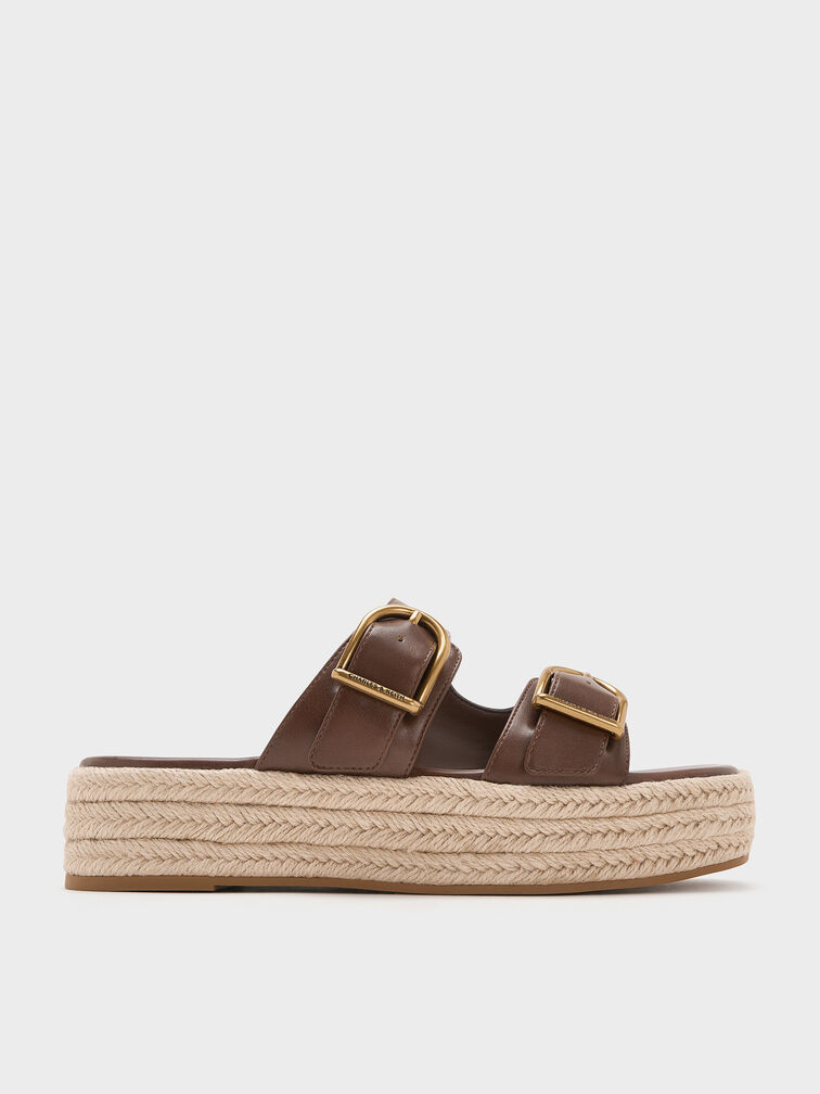 Double-Strap Espadrille Flatform Sandals, Brown, hi-res