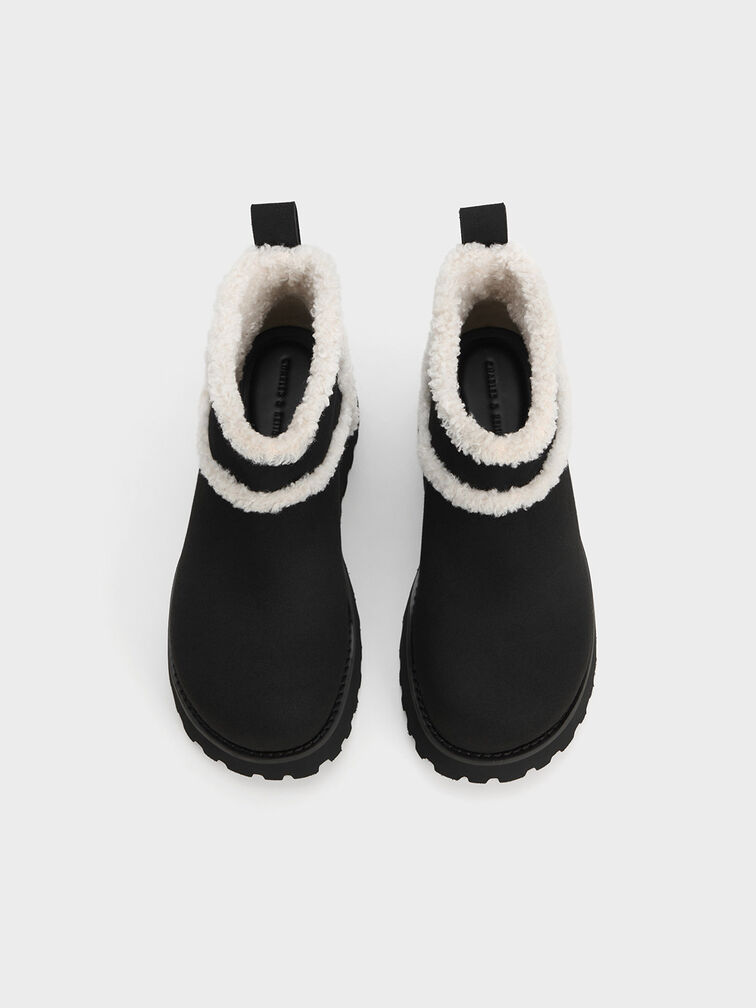 Textured Fur-Trim Flatform Ankle Boots, Black Textured, hi-res