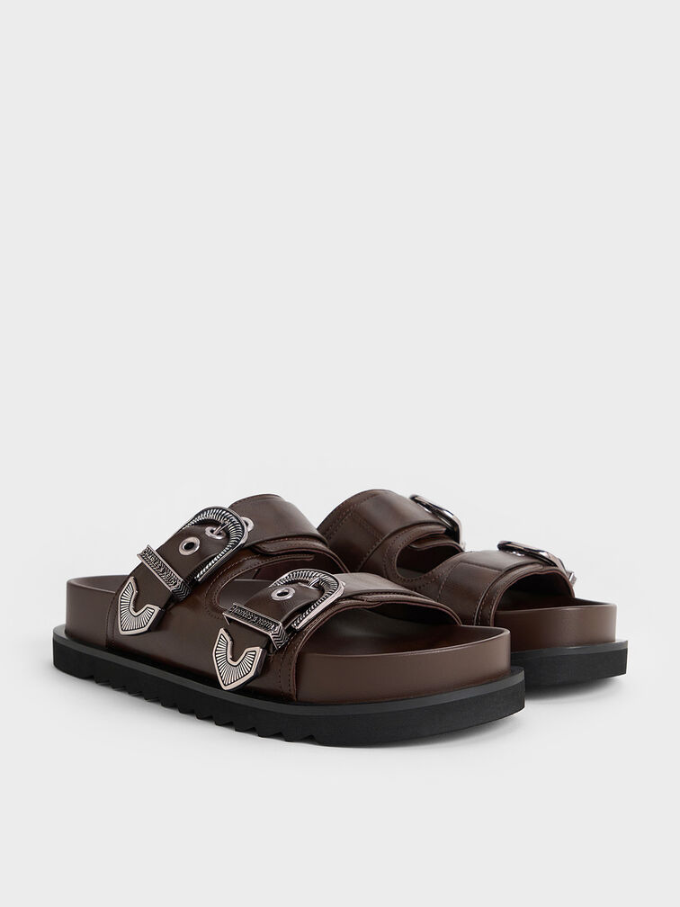 Kirke Buckled Double-Strap Sandals, Dark Brown, hi-res