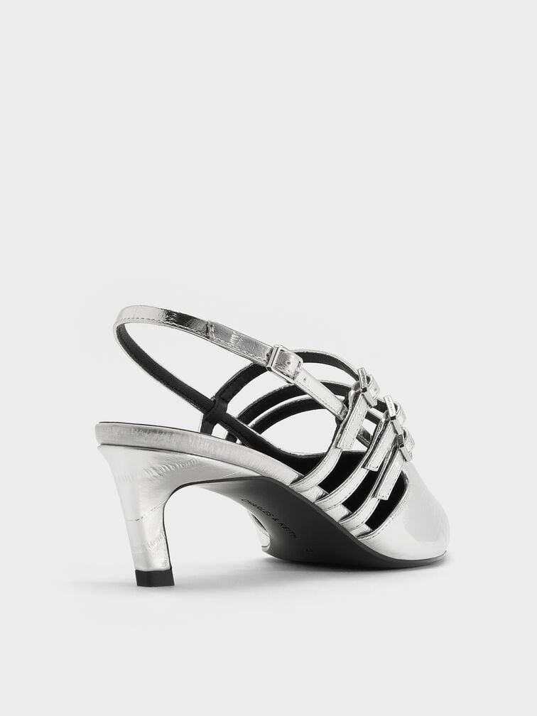 Metallic Triple-Strap Pointed-Toe Kitten-Heel Slingback Pumps, Silver, hi-res