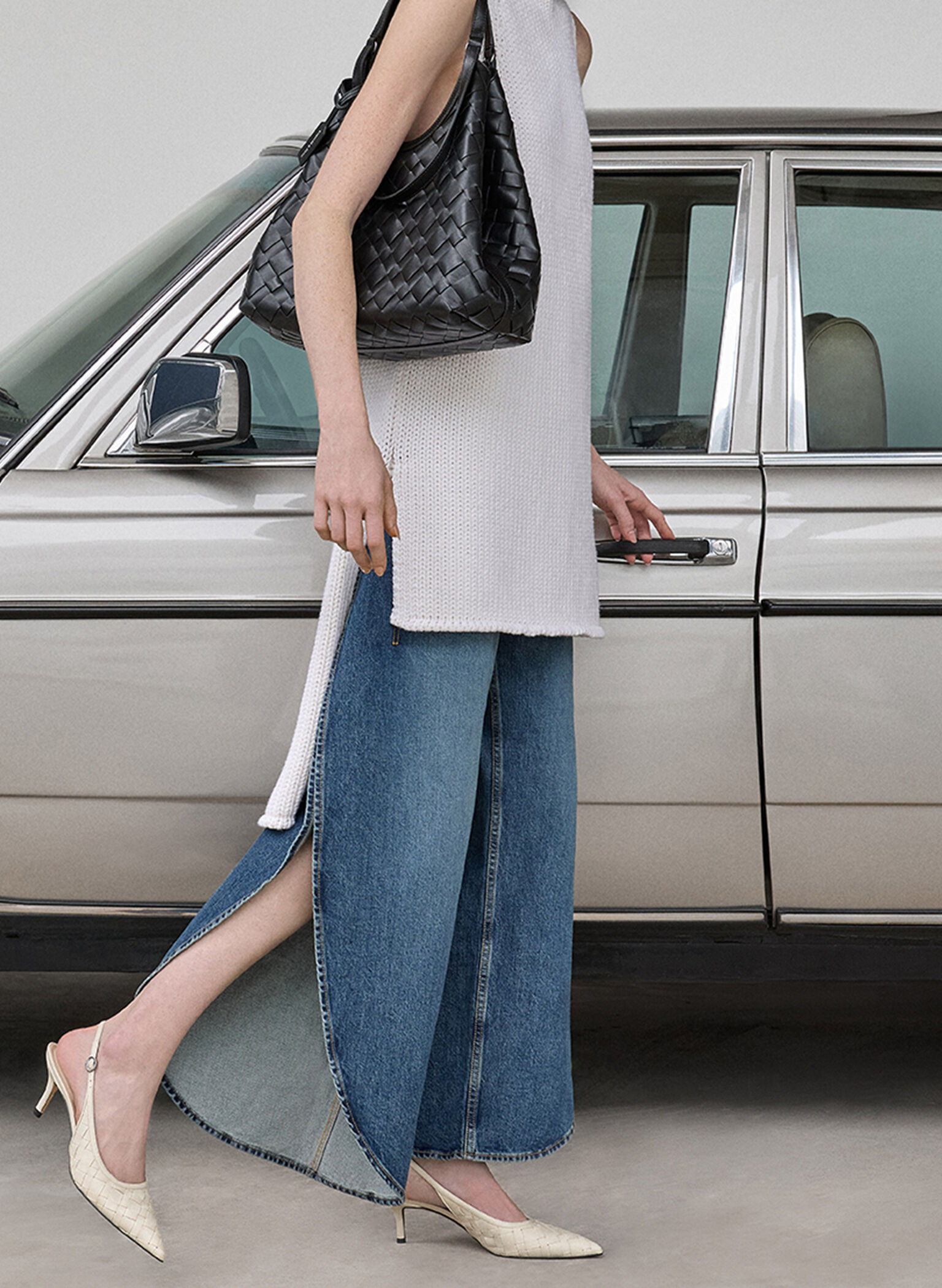 Ivette Woven Pointed-Toe Slingback Pumps, Chalk, hi-res