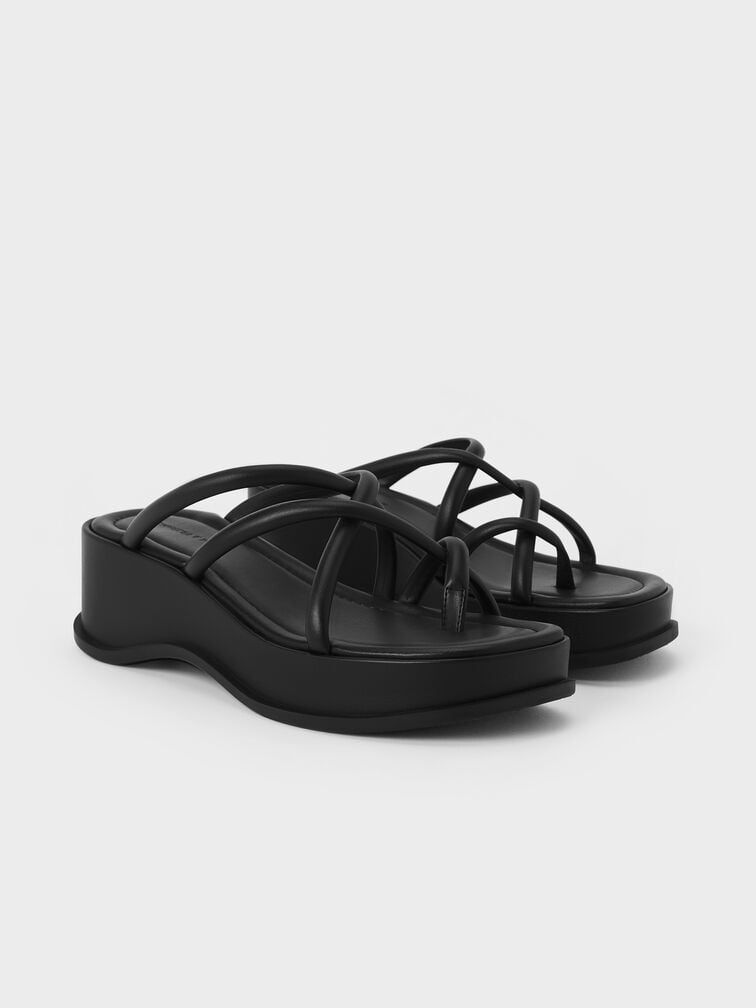 Strappy Tubular Wedge Sandals, Black, hi-res