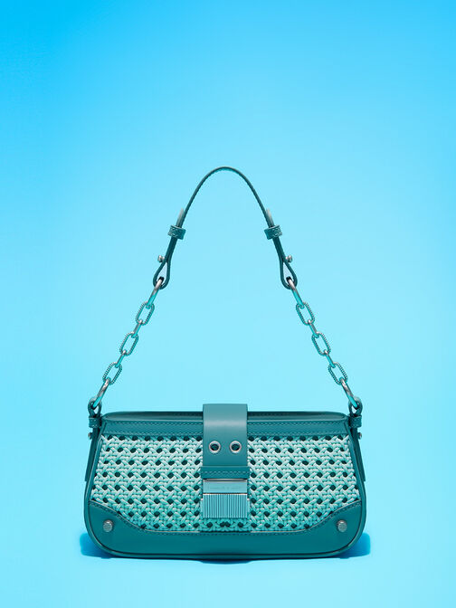 Winslet Woven Belted Shoulder Bag, Turquoise, hi-res