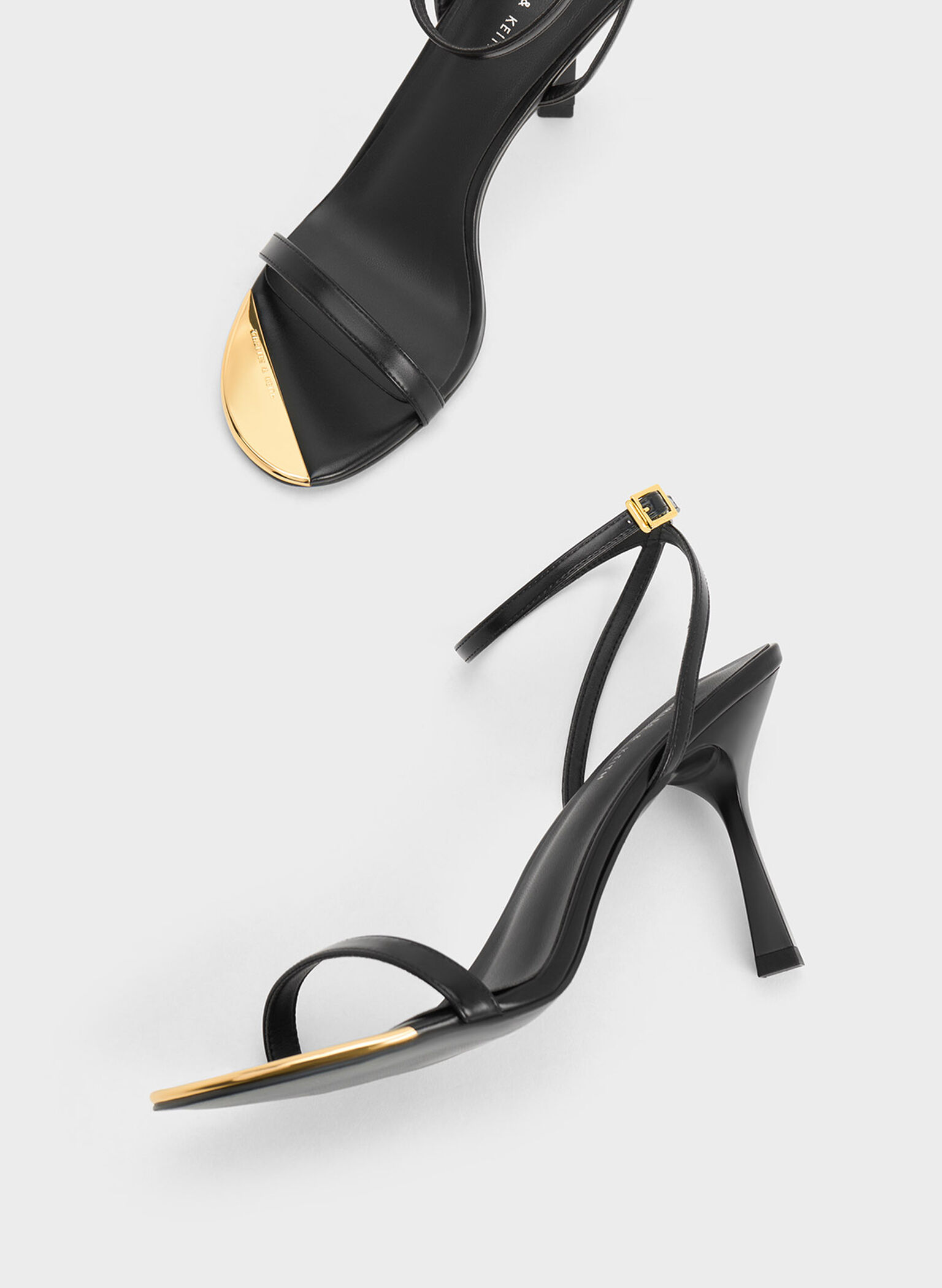 Metallic Cap Ankle-Strap Heeled Sandals, Black, hi-res