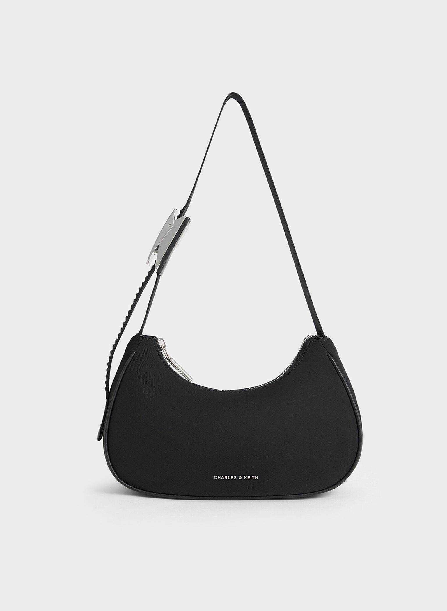 Nylon Curved Metallic-Accent Shoulder Bag, Noir, hi-res