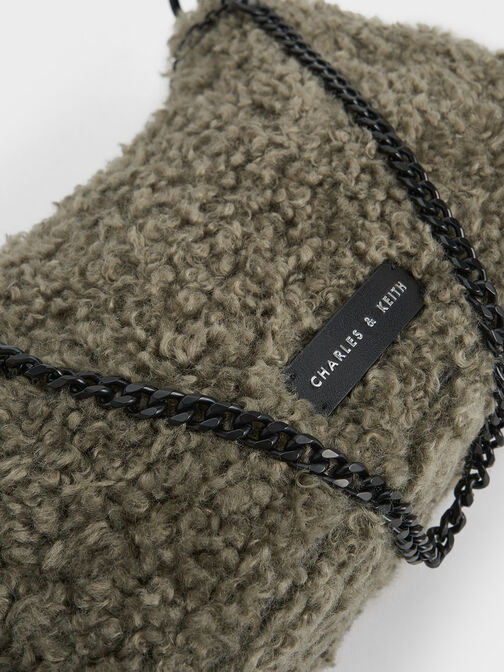 Philomena Furry Chain-Strap Crossbody Bag, Khaki, hi-res