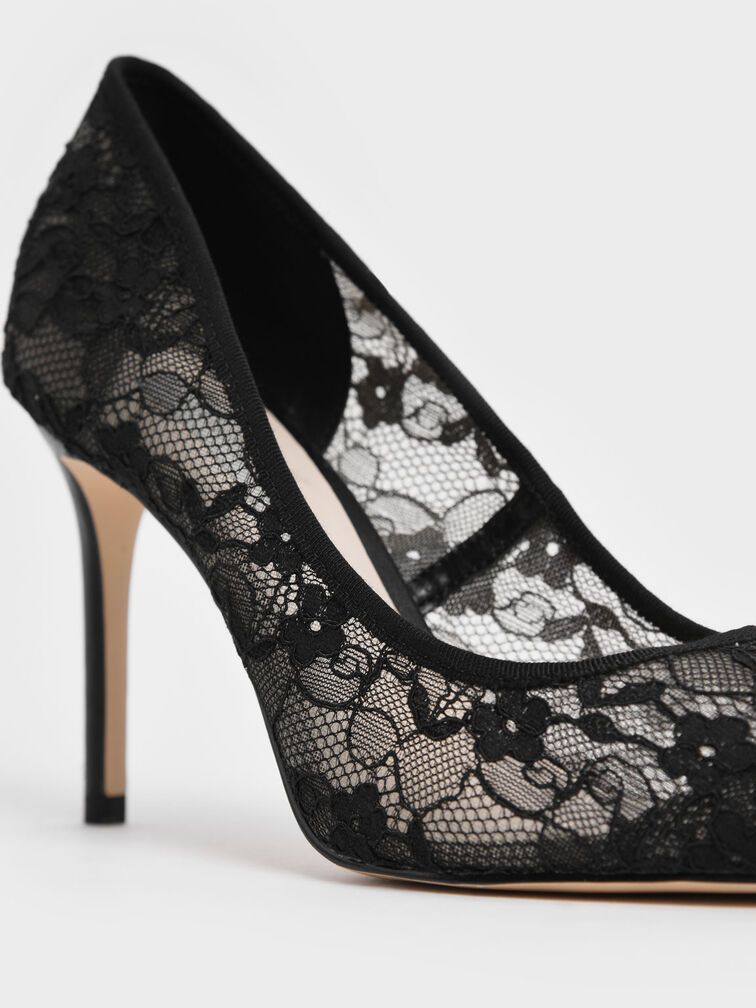 Lace Stiletto Pumps, Black, hi-res