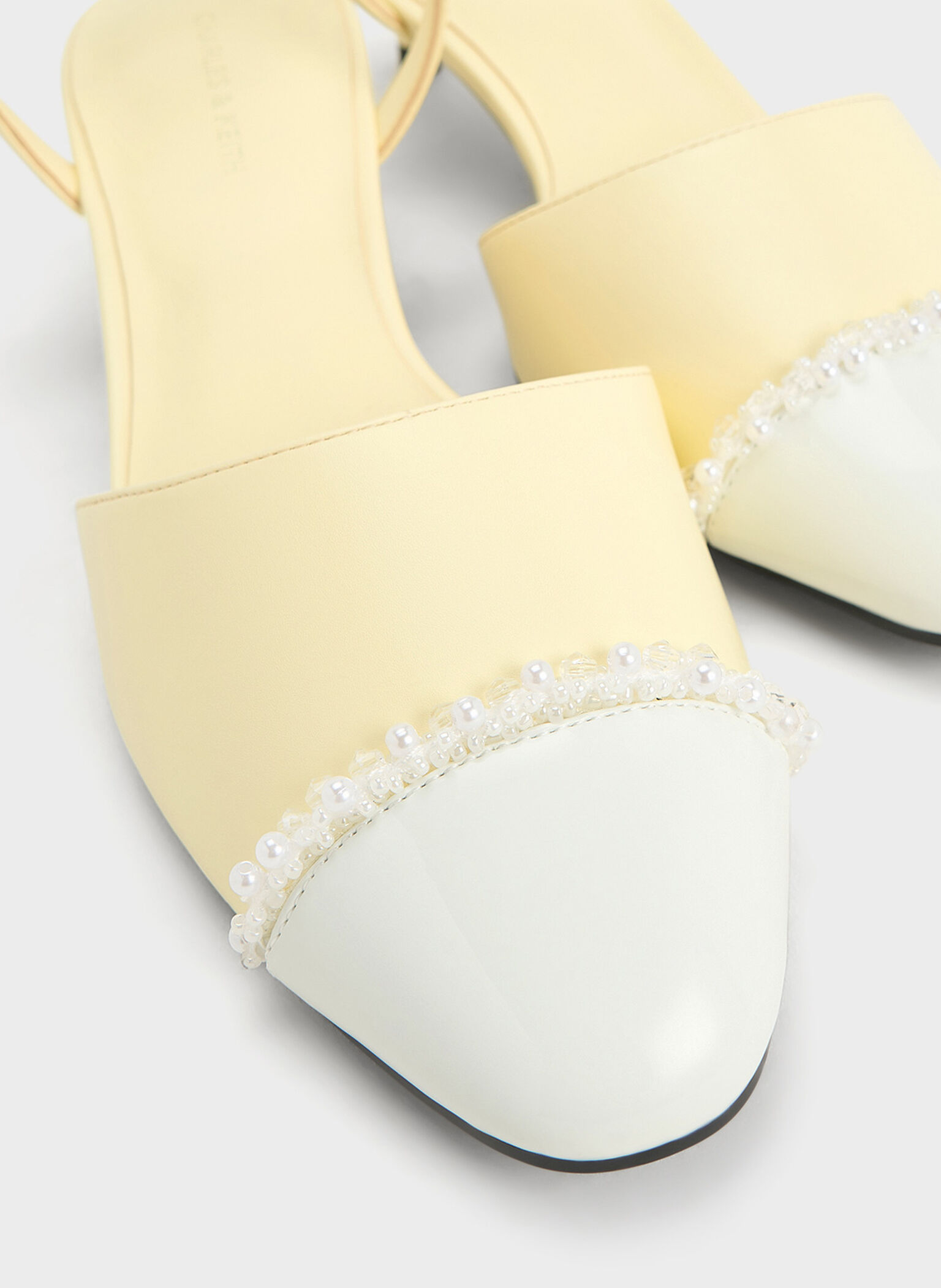 Pearl-Embellished Cap-Toe Kitten Heels, Butter, hi-res