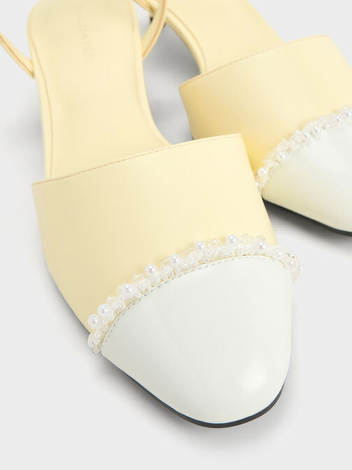 Pearl-Embellished Cap-Toe Kitten Heels, Butter, hi-res