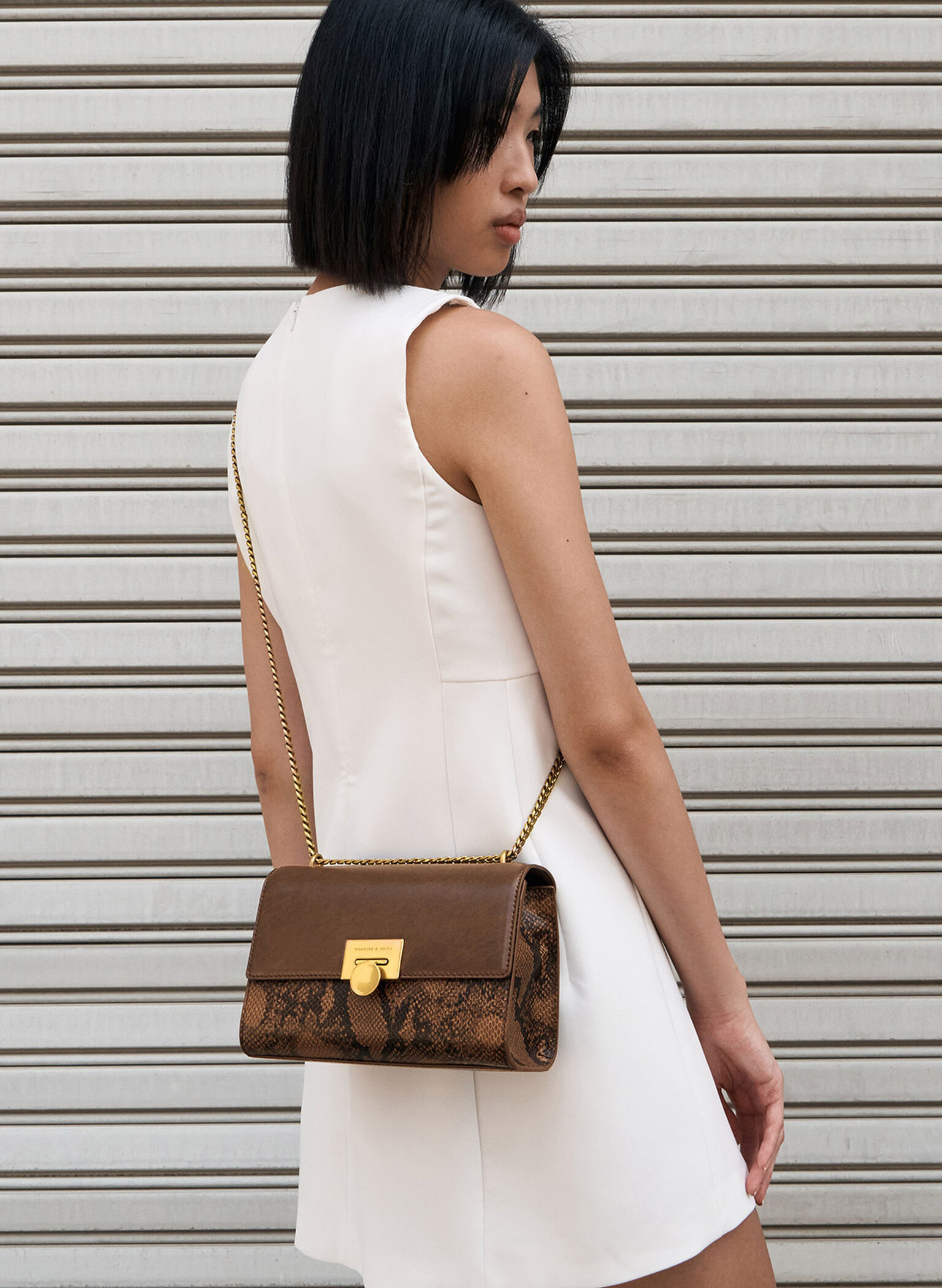 Ebba Snake Print Chain-Strap Bag, Brown, hi-res