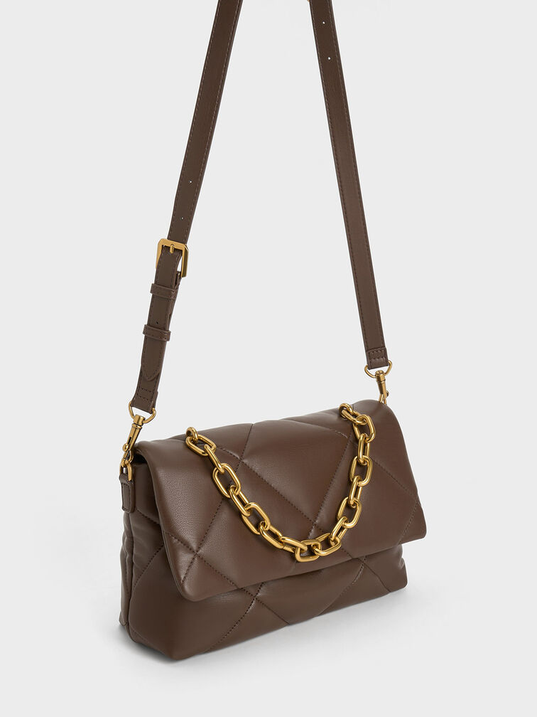 Lin Puffy Chain Shoulder Bag, Dark Brown, hi-res