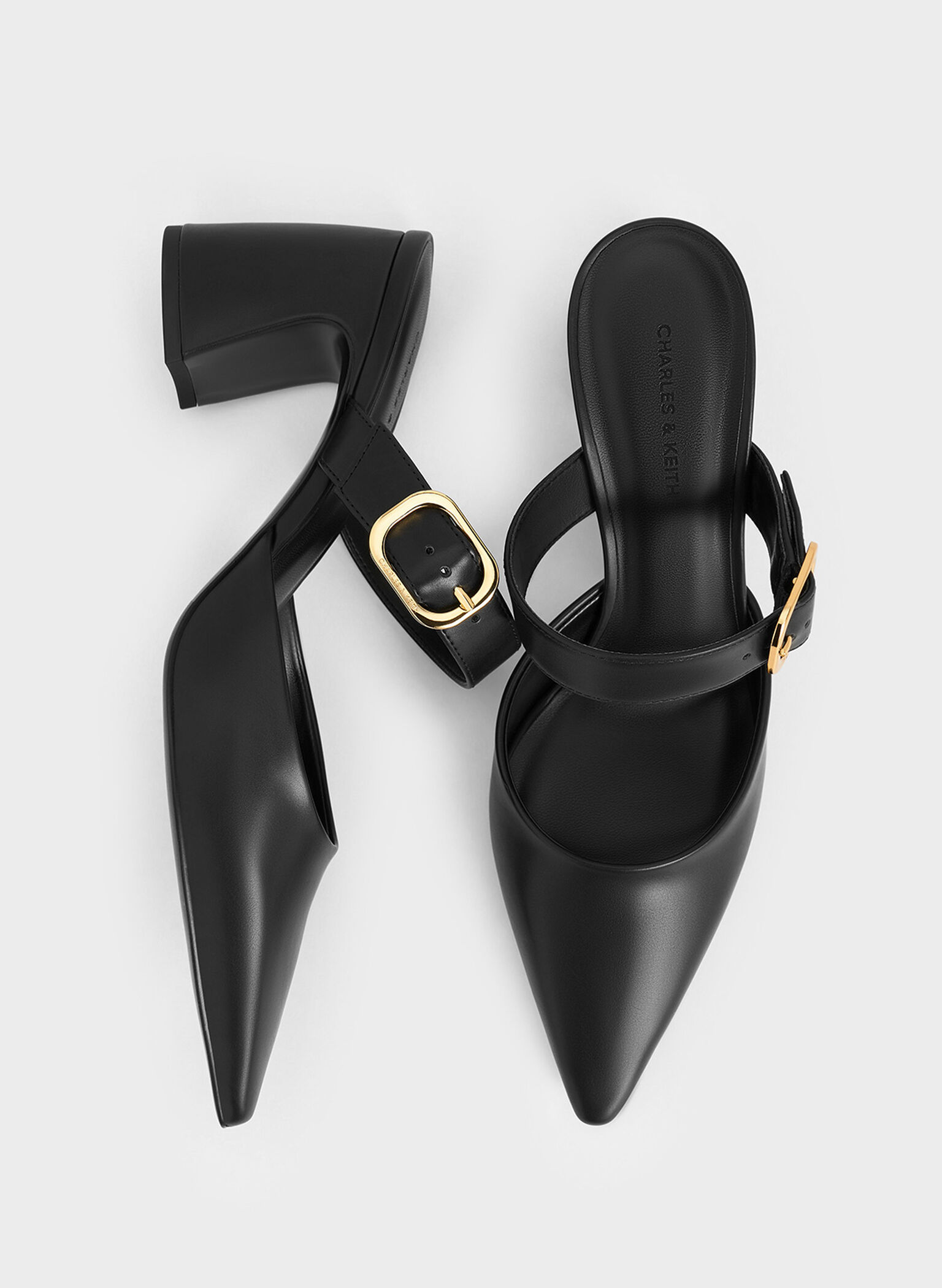 Pointed-Toe Mary Jane Heeled Mules, Black, hi-res