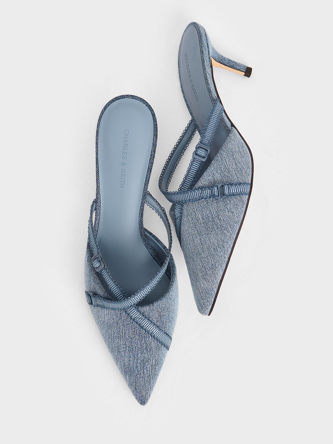 Denim Grosgrain Strap Pointed Toe Mules Denim Blue