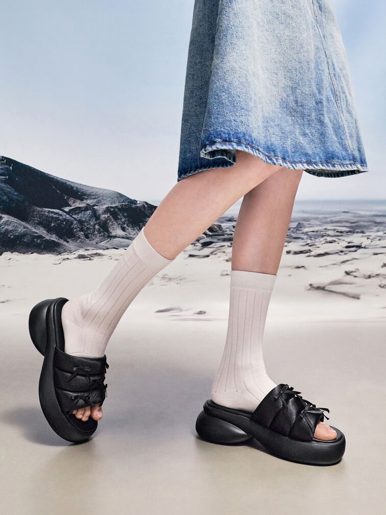 Recycled Polyester Bow Puffy Sports Sandals, Black Textured, hi-res