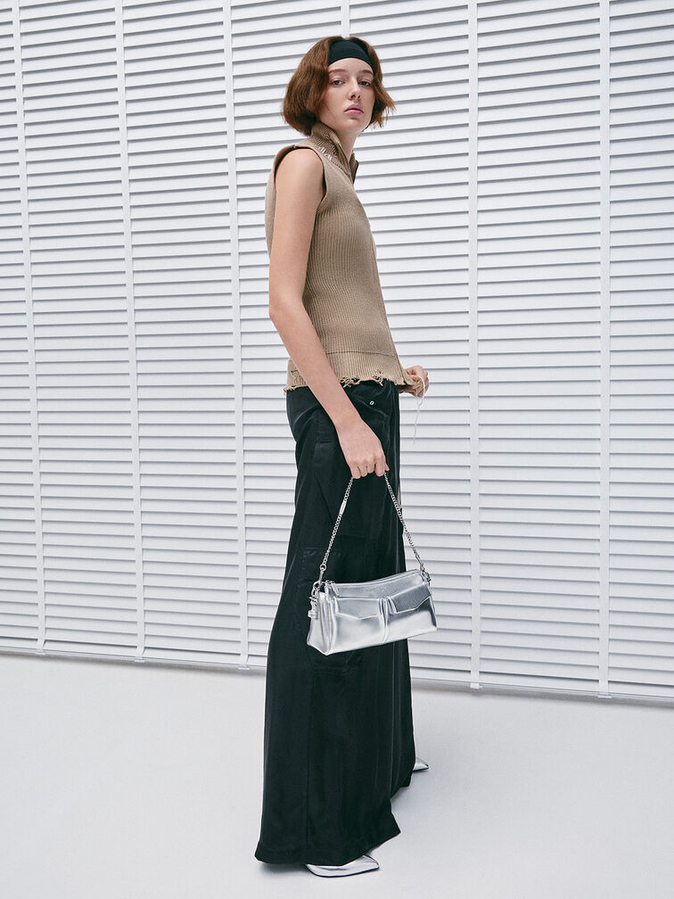 Rachel Elongated Front-Pocket Chain-Handle Bag, Silver, hi-res