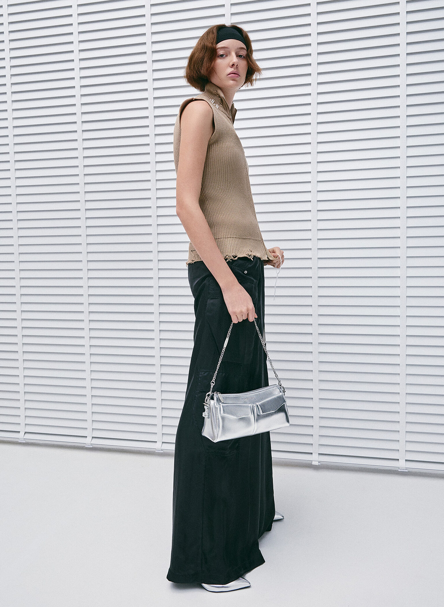 Rachel Elongated Front-Pocket Chain-Handle Bag, Silver, hi-res