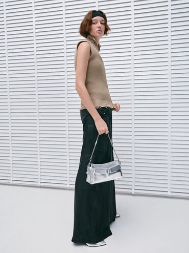 Rachel Elongated Front-Pocket Chain-Handle Bag, Silver, hi-res