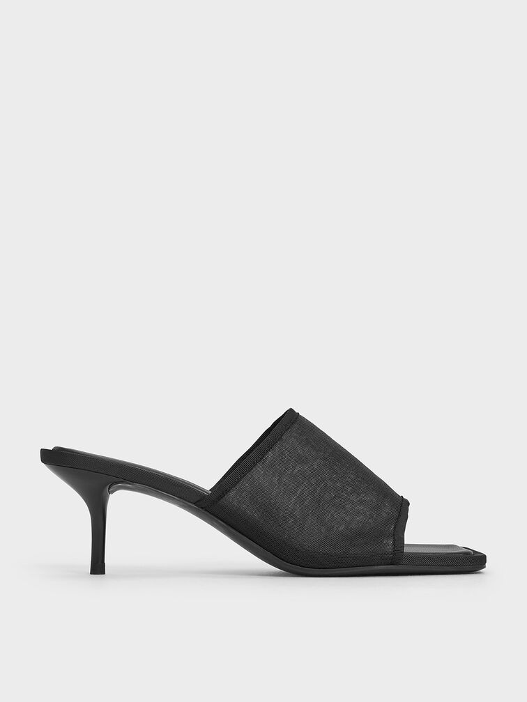 Loren Mesh Kitten-Heel Mules, Black Textured, hi-res