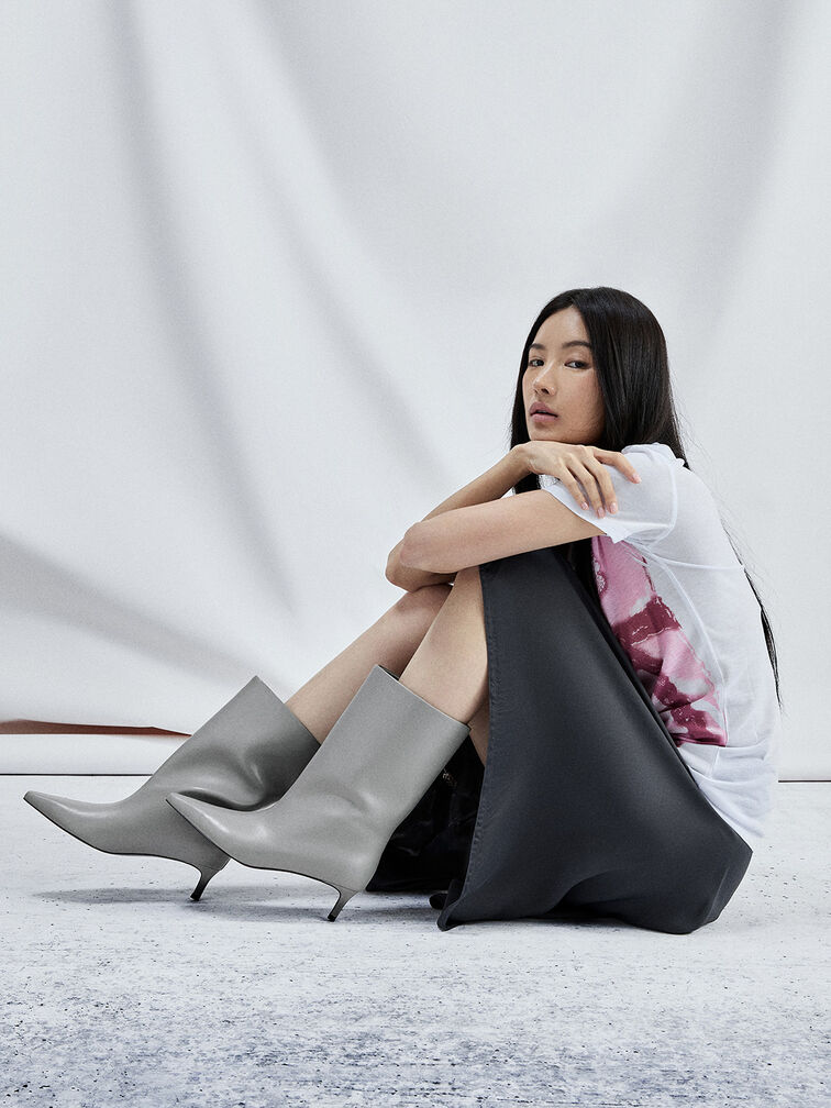 Elongated Tapered-Toe Kitten-Heel Calf Boots, Grey, hi-res