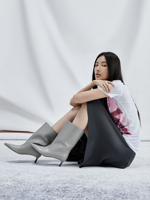 Elongated Tapered-Toe Kitten-Heel Calf Boots, Grey, hi-res