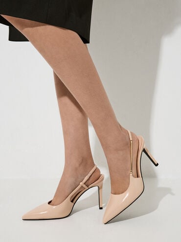 Chain-Strap Pointed-Toe Slingback Pumps, Nude, hi-res