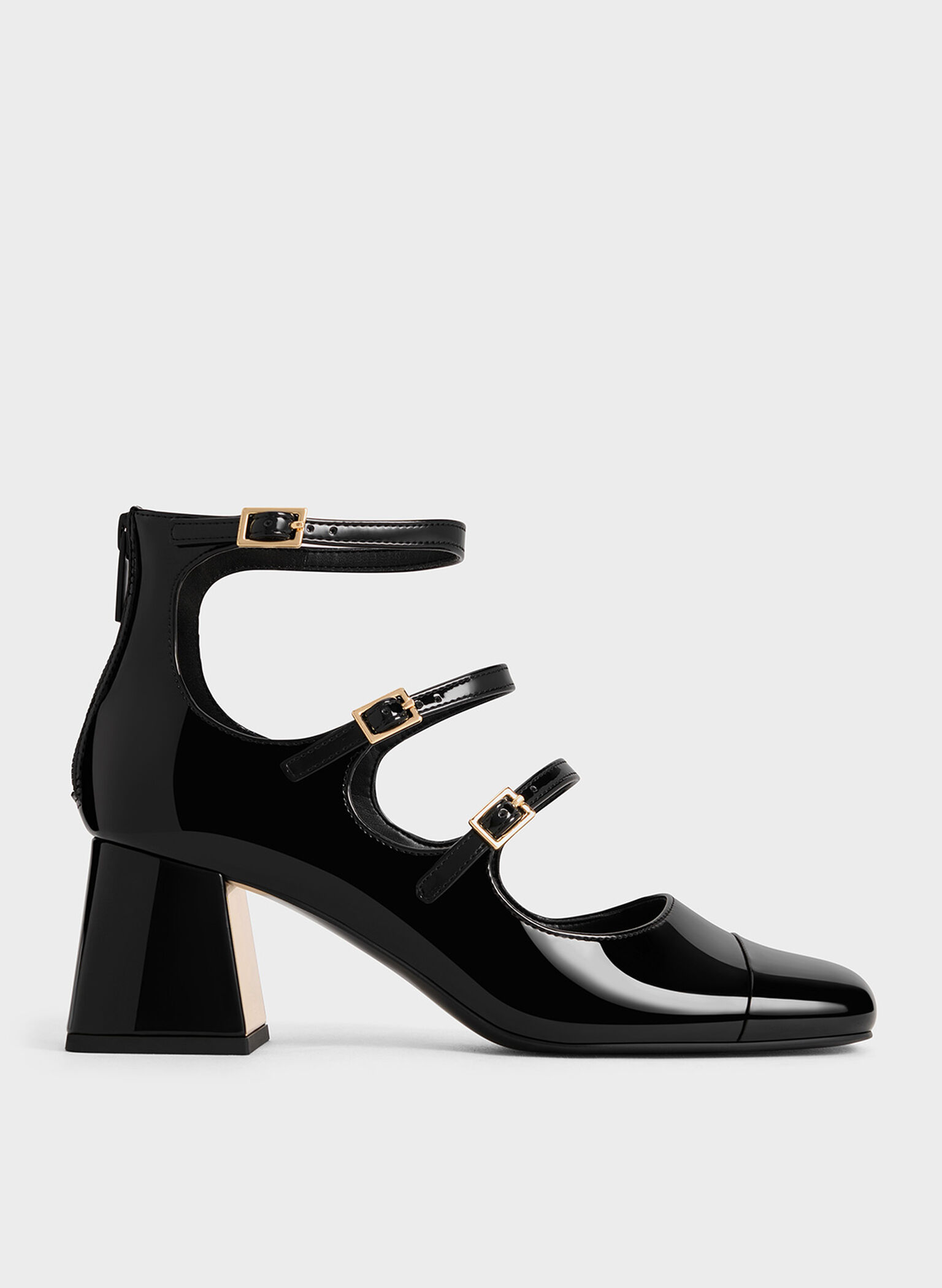 Patent Triple-Strap Cap-Toe Mary Jane Pumps, Black Patent, hi-res