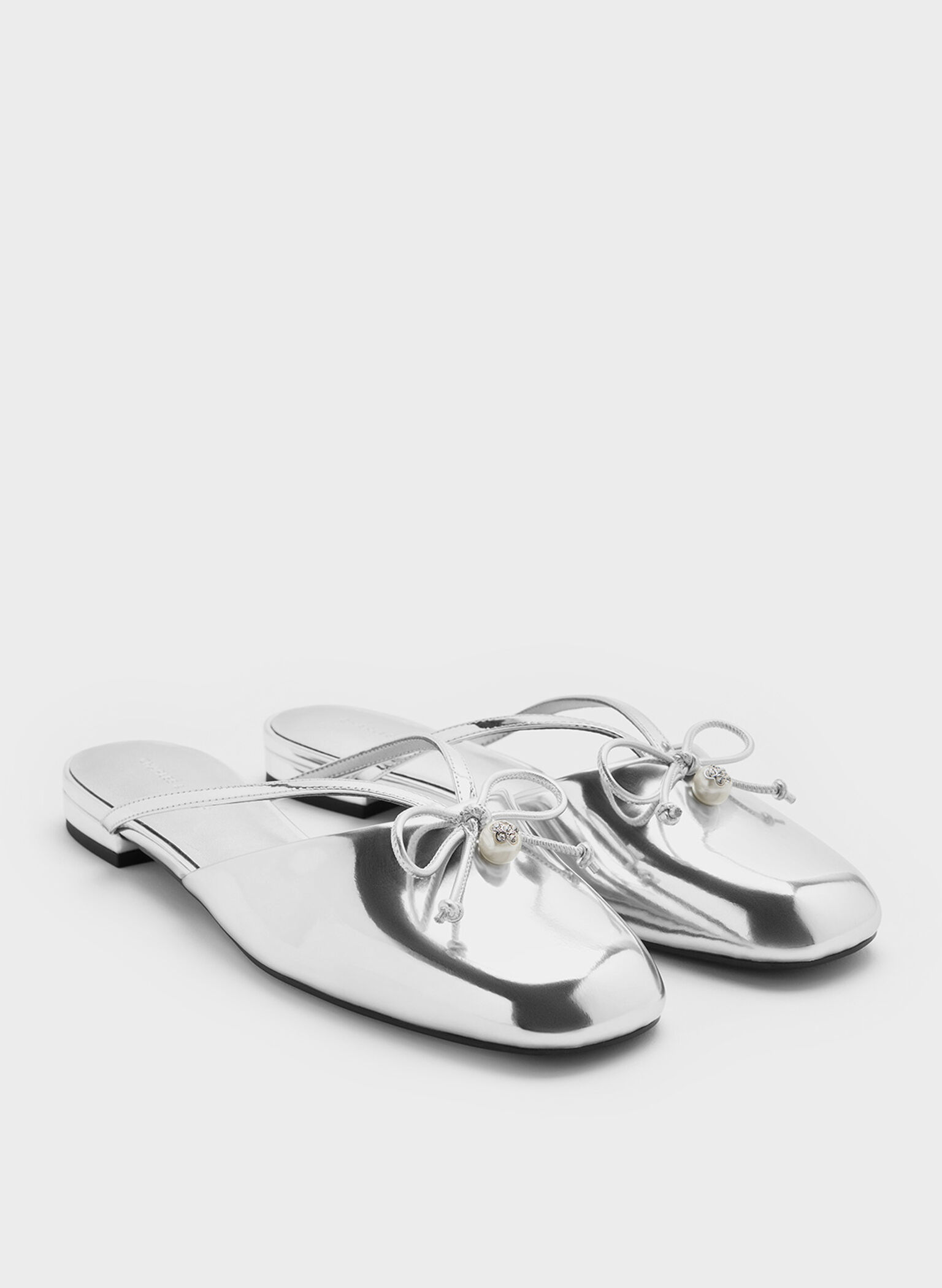 Metallic Pearl-Accent Bow Flat Mules, Silver, hi-res