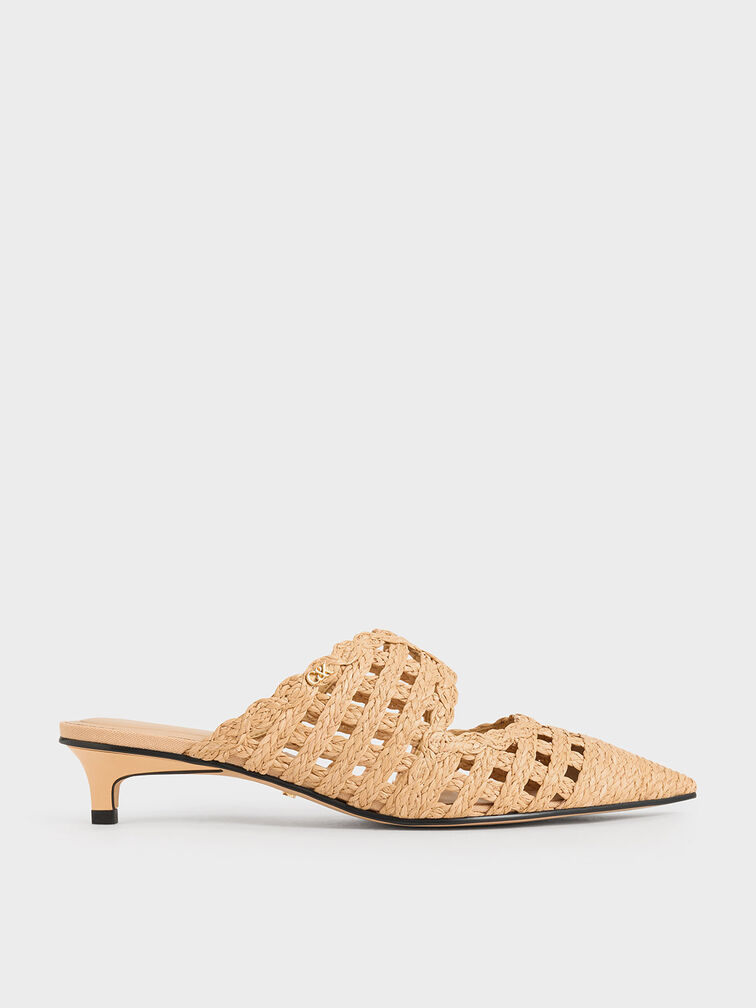 Raffia Kitten-Heel Pointed-Toe Mules, Sand, hi-res