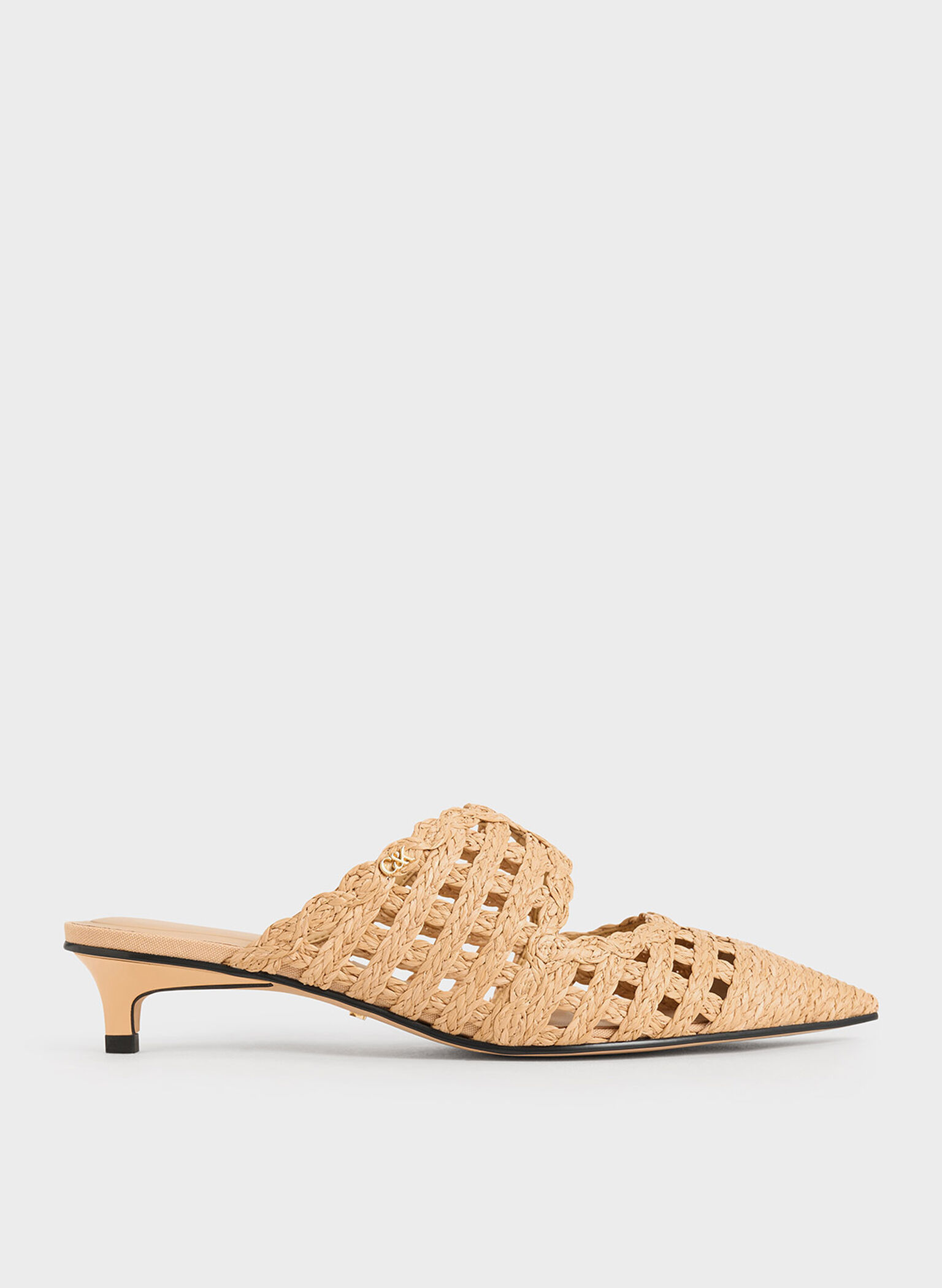 Raffia Kitten-Heel Pointed-Toe Mules, Sand, hi-res
