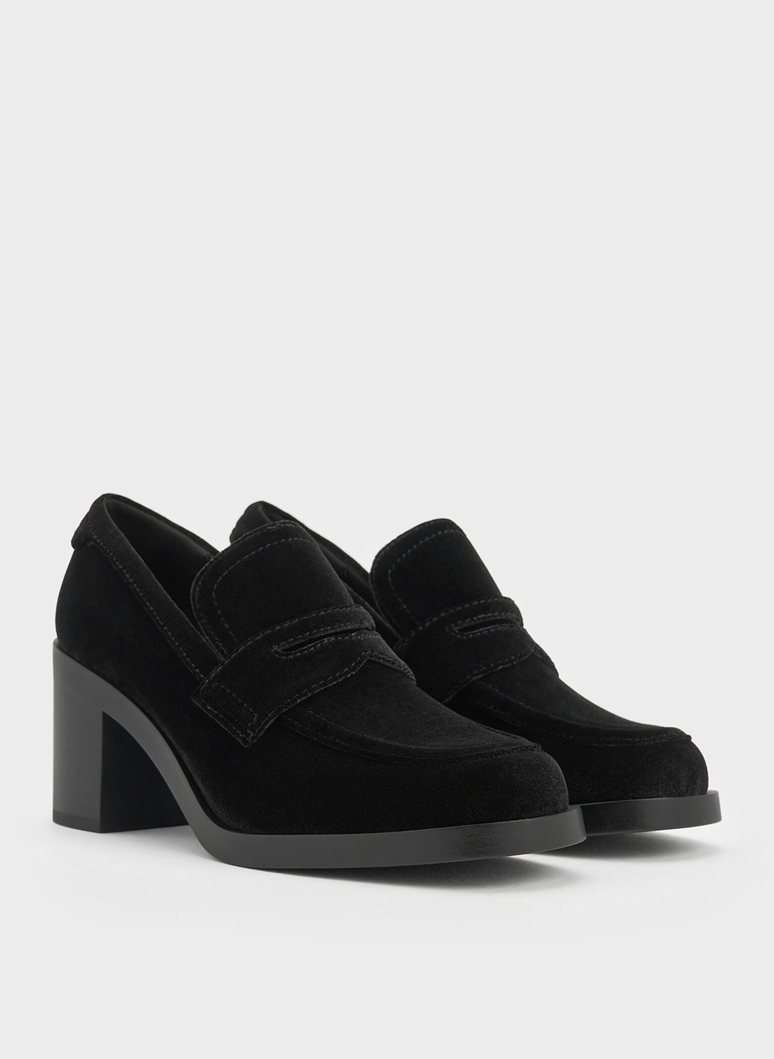 Penny Loafer Block-Heel Pumps, Black Textured, hi-res