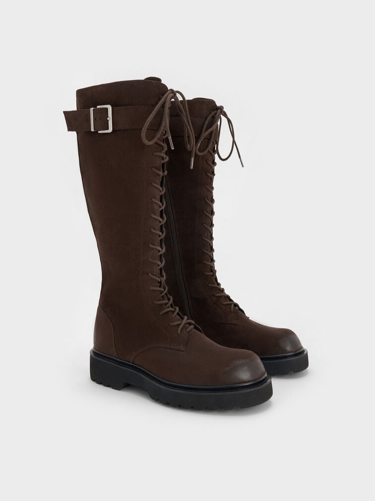 Darian Faux Suede Lace-Up Buckle-Strap Knee-High Boots, Dark Brown Textured, hi-res