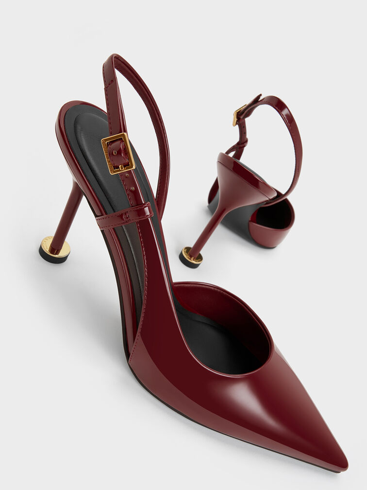 Patent Pointed-Toe Sculptural-Heel Slingback Pumps, Red, hi-res