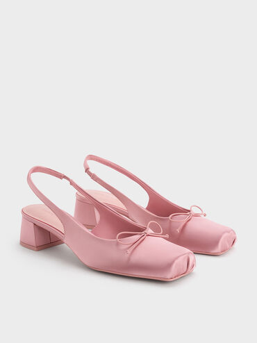 Satin Bow Square-Toe Slingback Pumps, Pink, hi-res