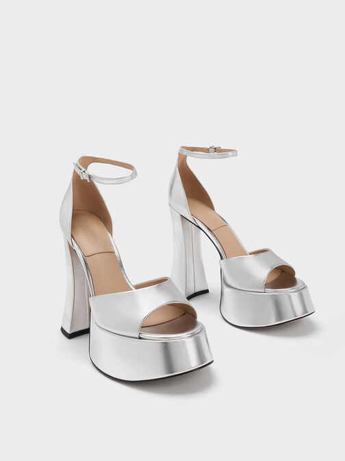 Michelle Metallic Leather Platform Sandals, Silver, hi-res