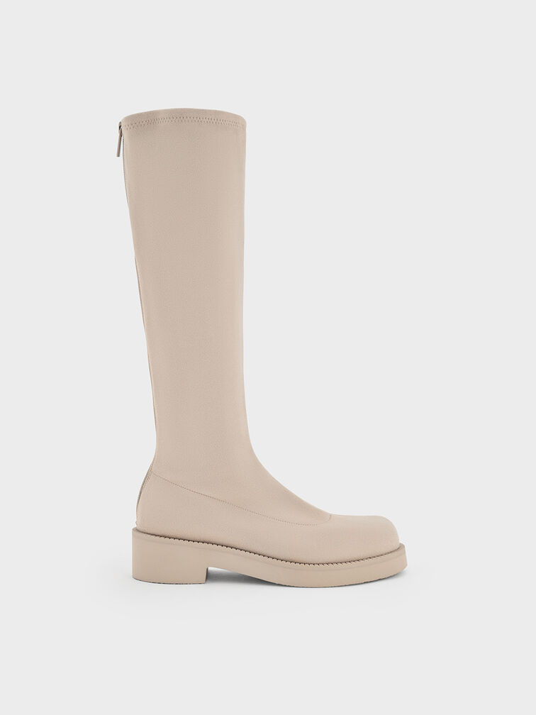 Faux Suede Chunky-Sole Knee-High Boots, Beige, hi-res
