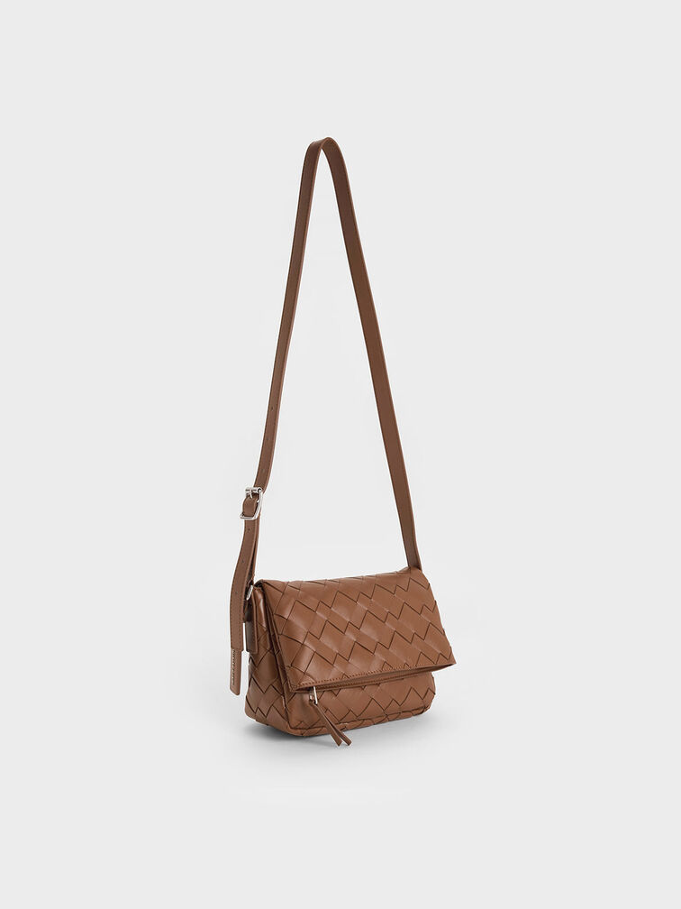 Ivette Woven Front Flap Crossbody Bag, Chocolate, hi-res
