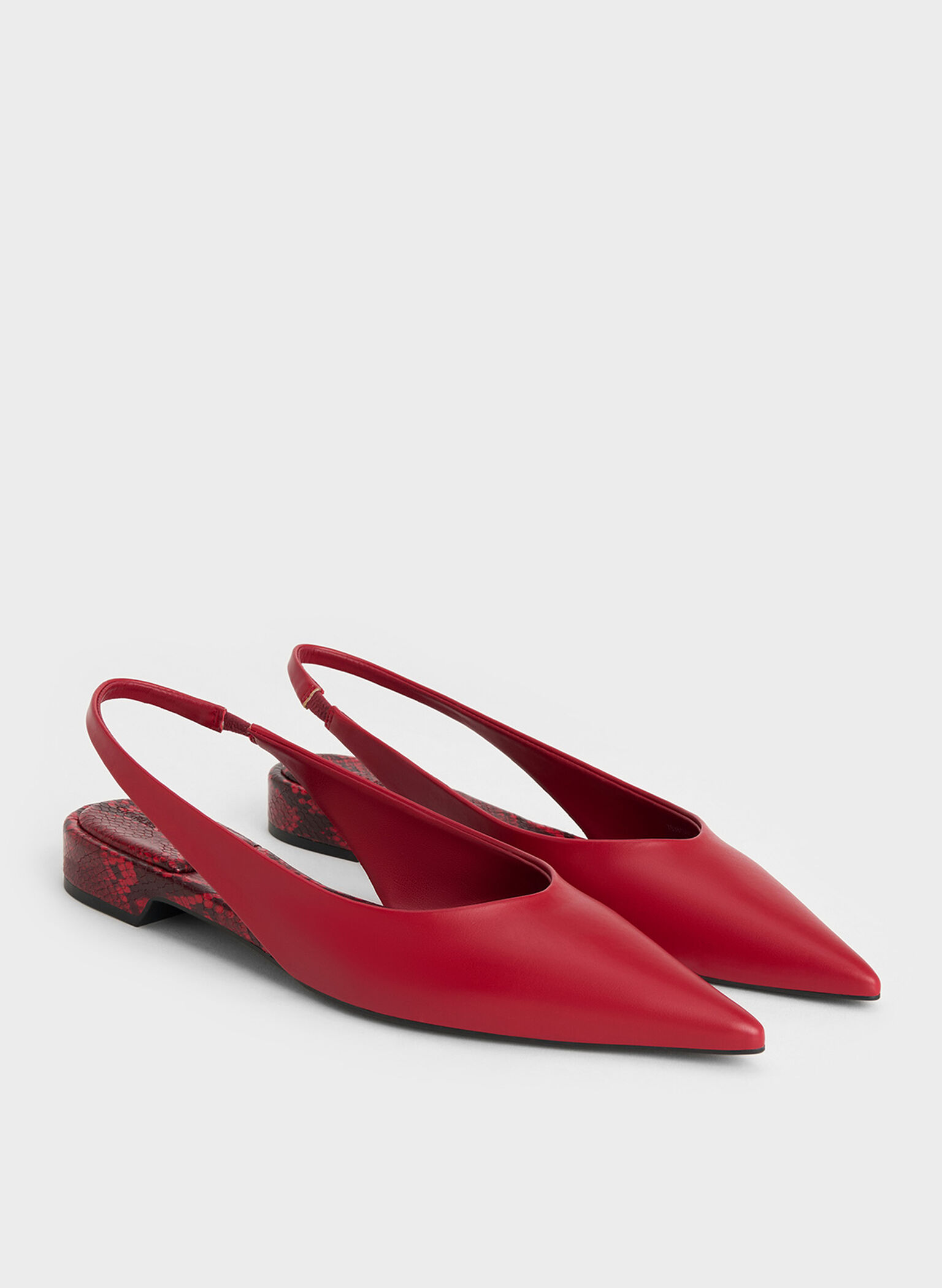 Pointed-Toe High-Vamp Slingback Flats, Red, hi-res
