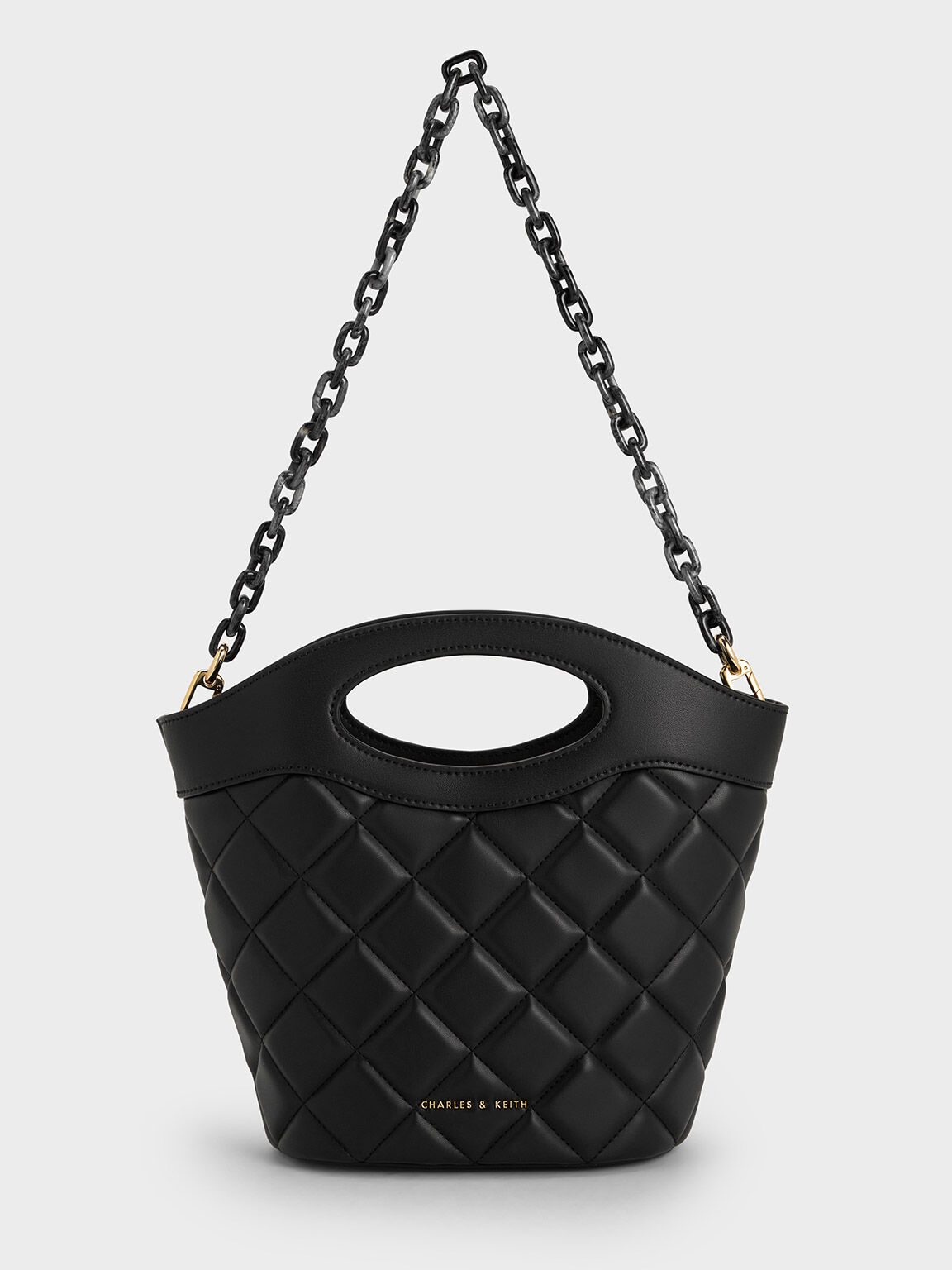 Quilted Chain Link Curved Handle Bucket Bag Black