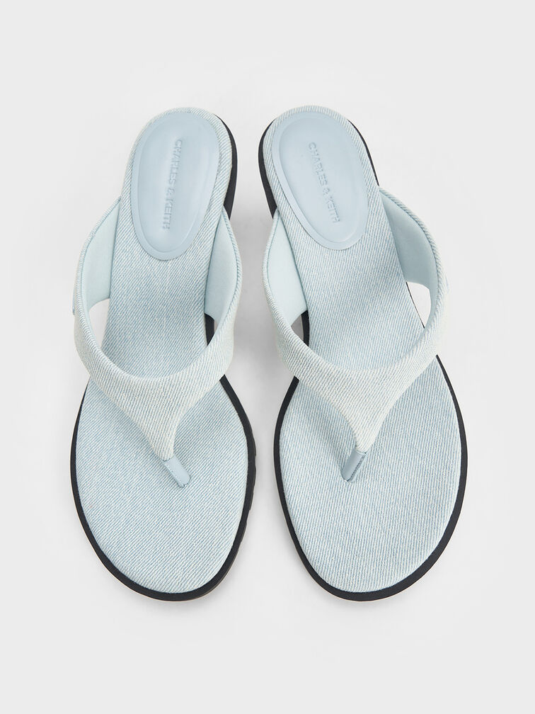Denim V-Strap Slant-Heel Thong Mules, Light Blue, hi-res