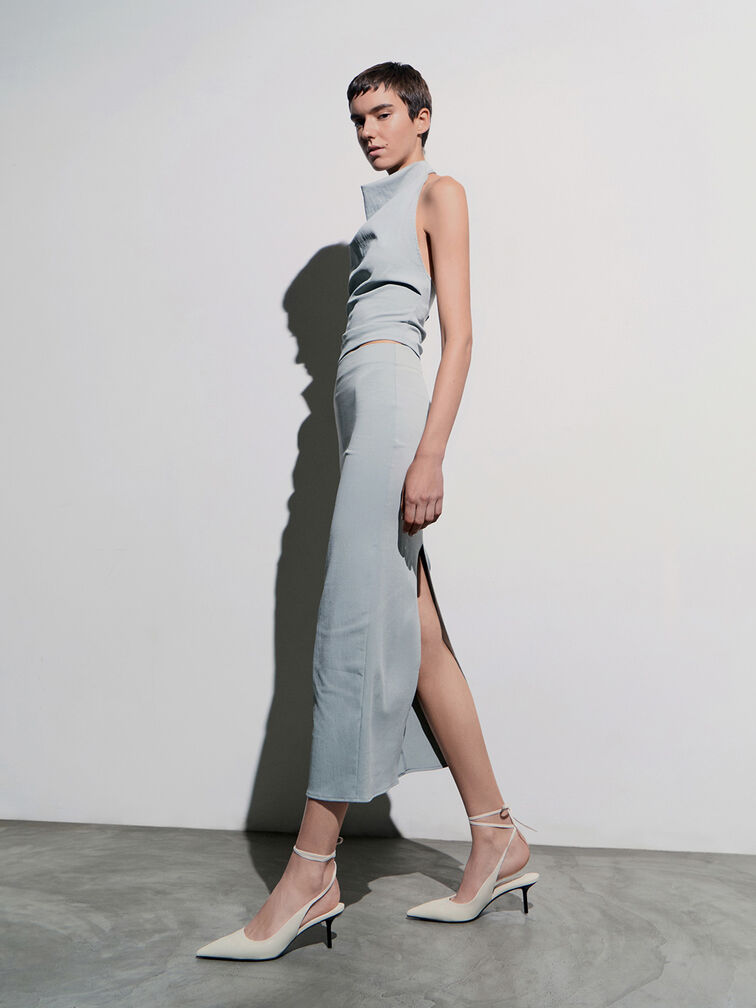 Textured Tie-Around Pointed-Toe Pumps, Cream, hi-res