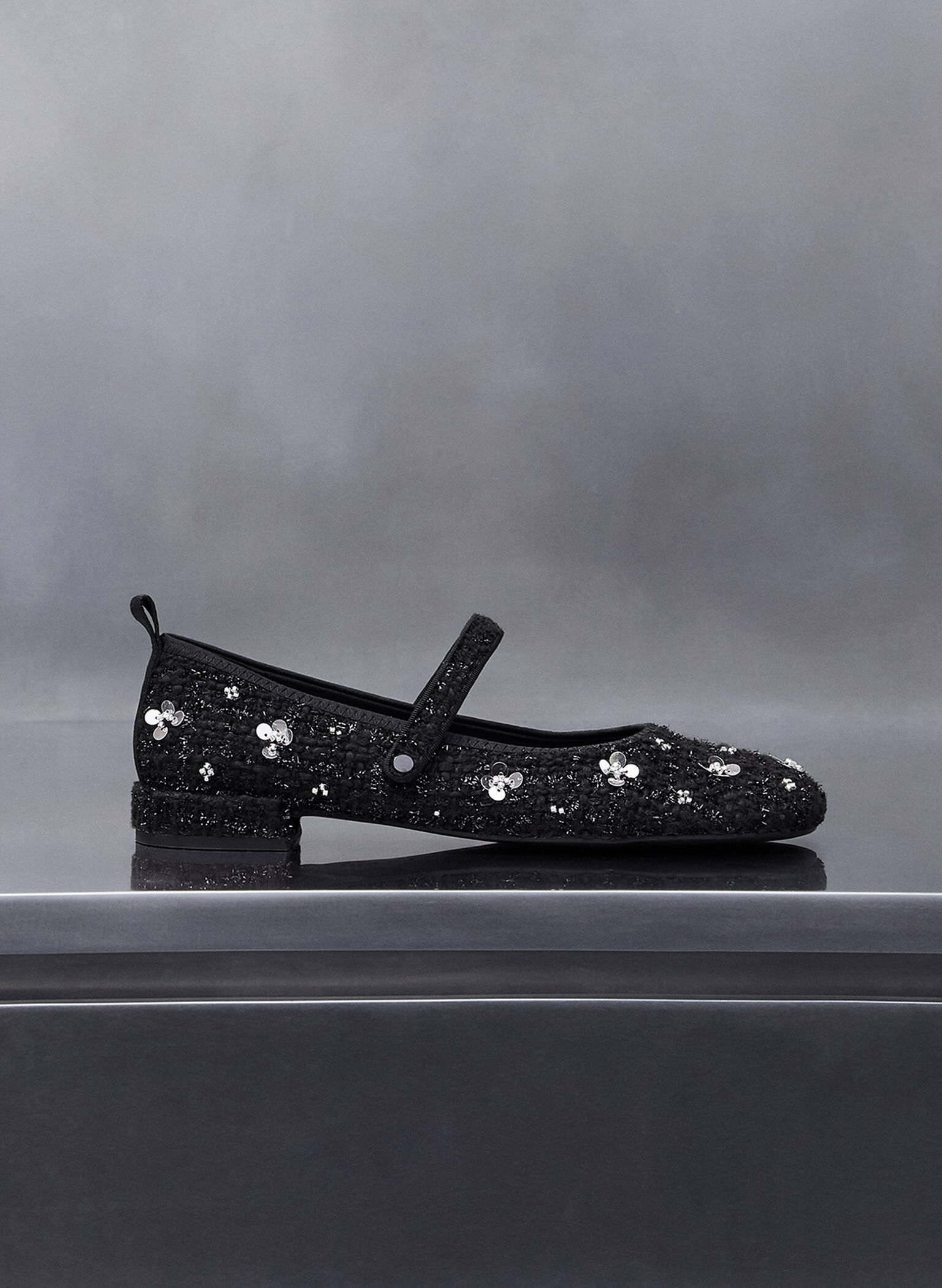 Tweed Flower-Embellished Mary Janes, Black Textured, hi-res