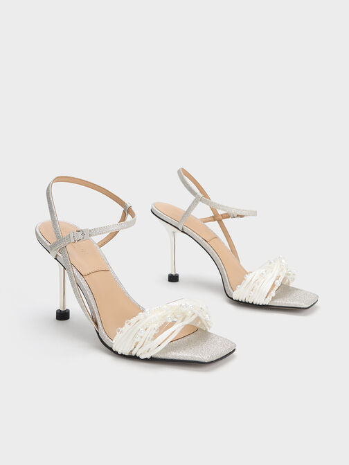Leda Beaded Asymmetric Glittered Sandals, Silver, hi-res