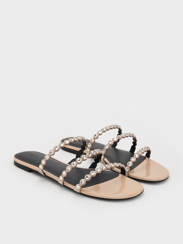 Crystal-Embellished Triple-Strap Sandals, Nude, hi-res