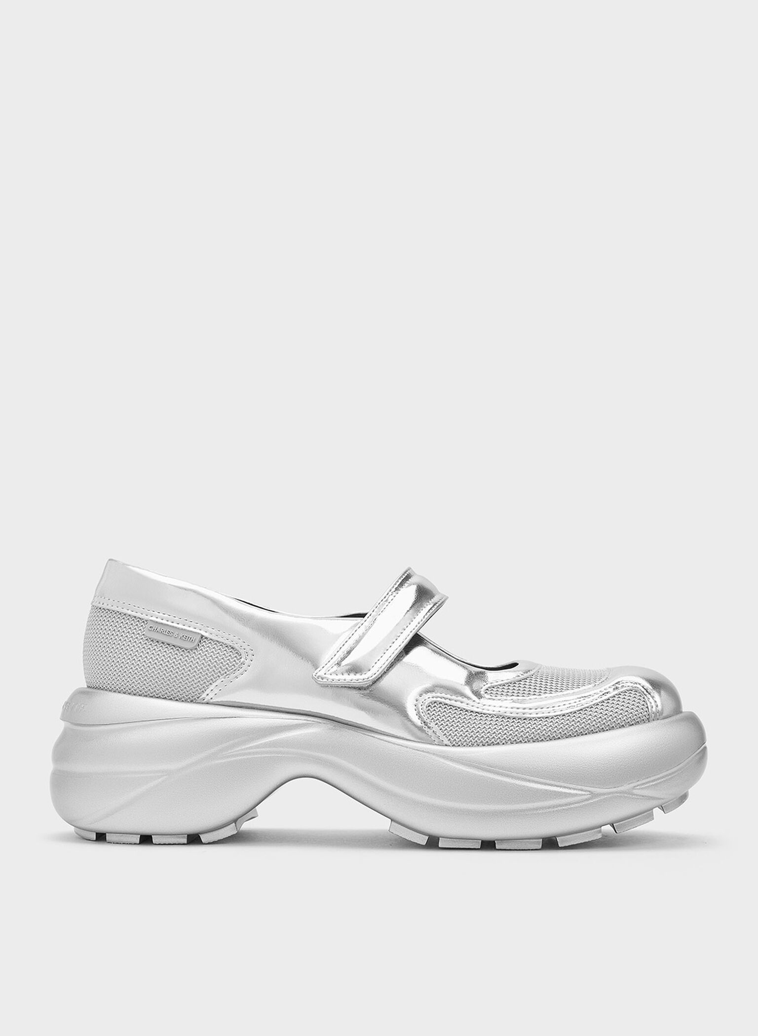 Metallic Curved Platform Mary Jane Sneakers, Silver, hi-res