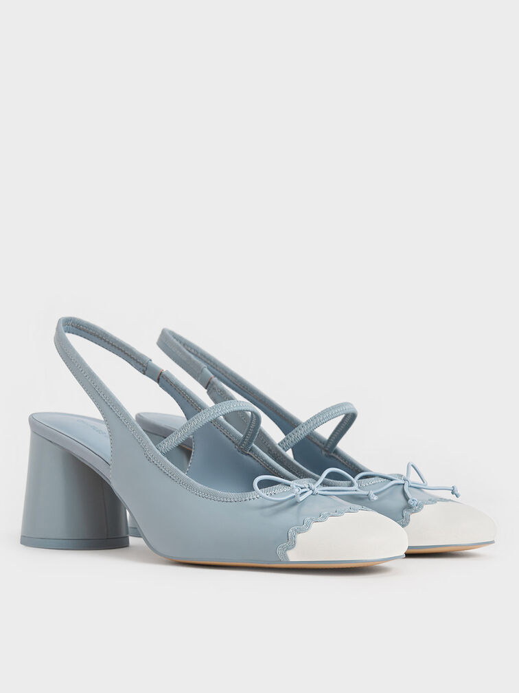 Two-Tone Bow Slingback Pumps, Light Blue, hi-res