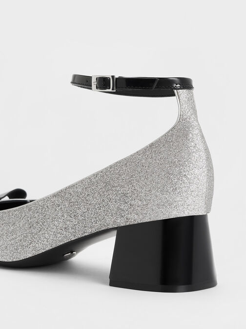 Leather & Glitter Bow Ankle-Strap Pumps, Silver, hi-res