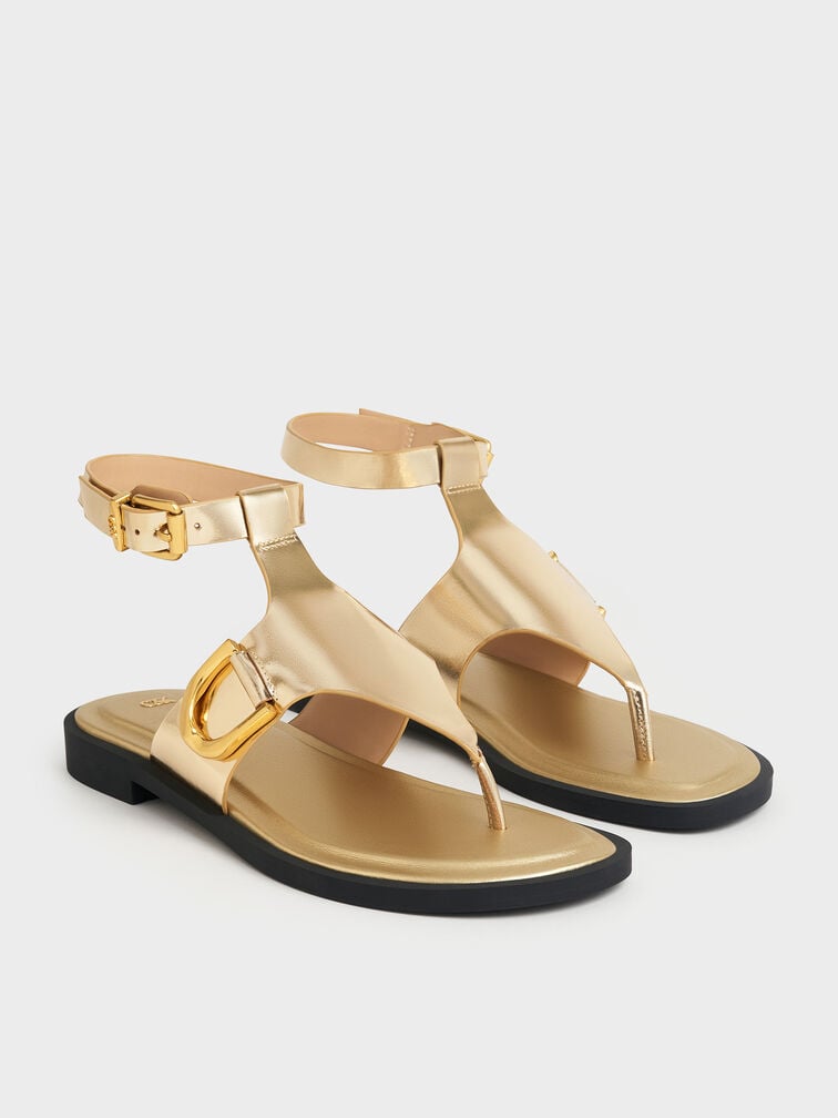 Gabine Metallic Leather Ankle-Strap Thong Sandals, Gold, hi-res
